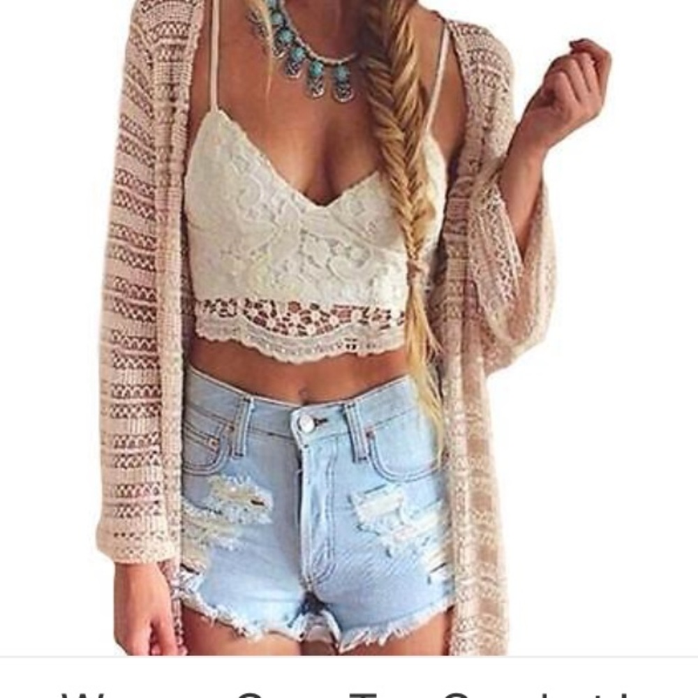 White crochet lace up crop top